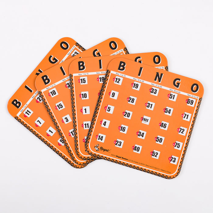 shuttered bingo cards, orange bingo cards, complete bingo set, family bingo sets, complete bingo game