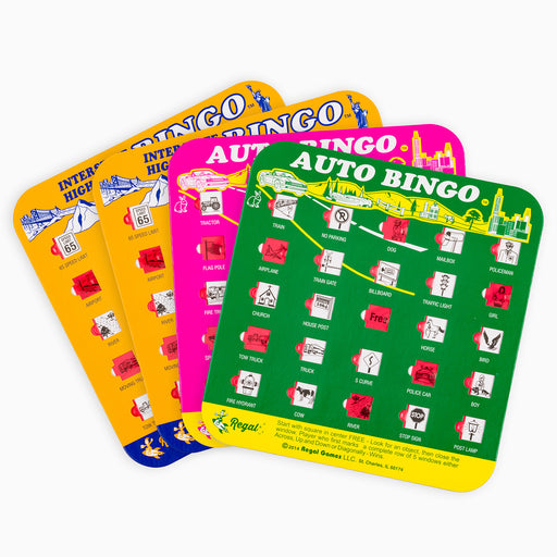 car games, travel bingo, travel bingo cards,4 unique cards, kids bingo, car travel bingo, regal games, classic games, classic bingo game, colorful bingo cards