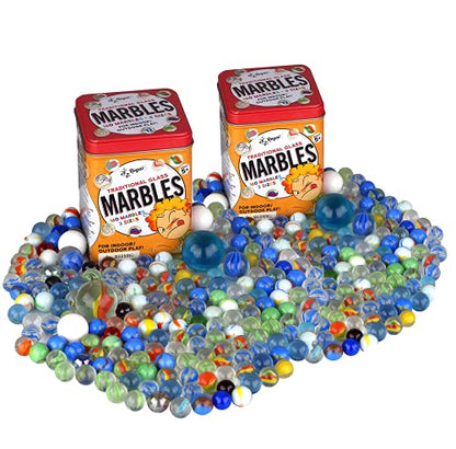 Traditional Glass Marbles with a Storage Tin