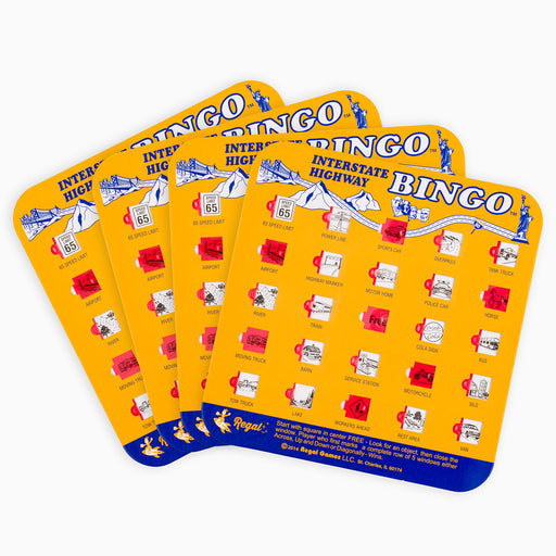 bingo interstate highway bingo set, regal games interstate highway bingo, travel games, travel bingo, games for cars, bingo for cars, travel car bingo, auto bingo cards, bingo cards with sliding windows, travel games for kids, games for kids in cars