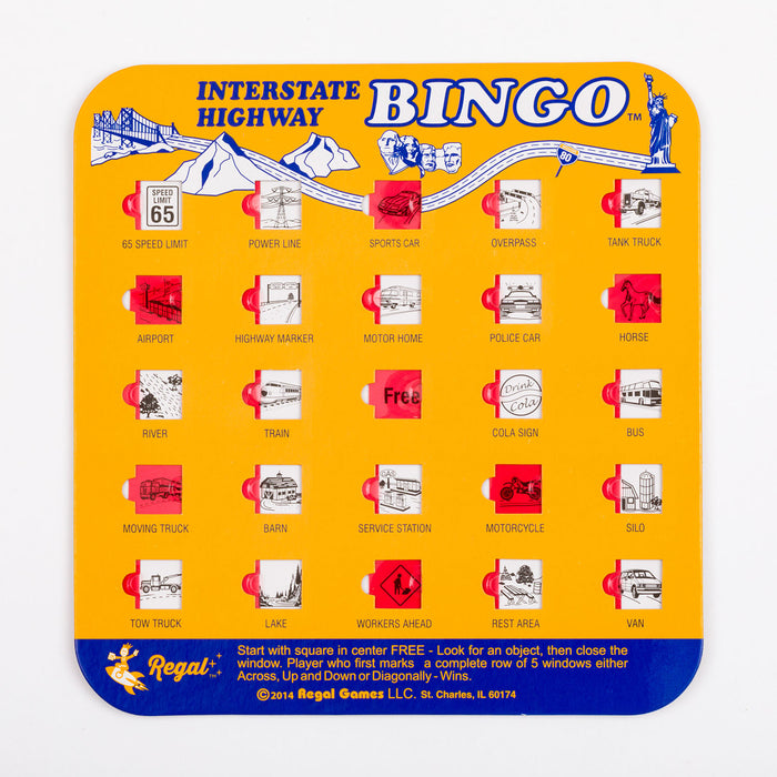 car games, travel bingo, travel bingo cards,4 unique cards, kids bingo, car travel bingo, regal games, classic games, classic bingo game, colorful bingo cards, orange bingo card