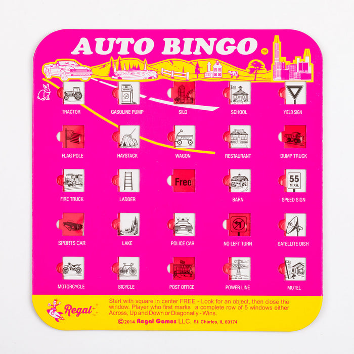 car games, travel bingo, travel bingo cards,4 unique cards, kids bingo, car travel bingo, regal games, classic games, classic bingo game, colorful bingo cards, pink bingo card