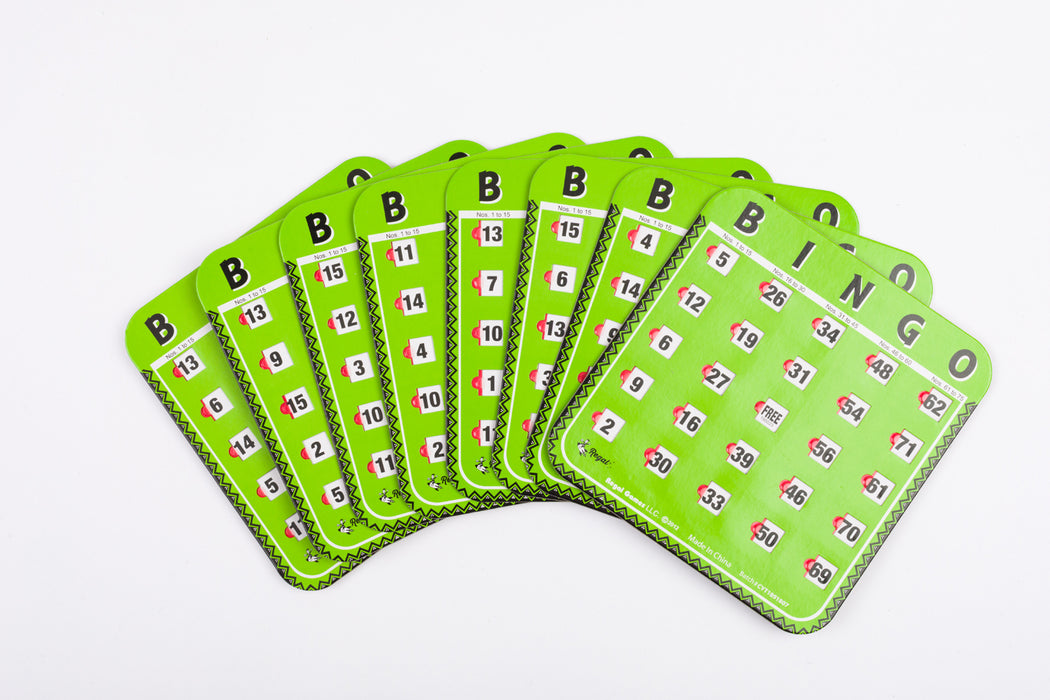 bingo cards, green bingo cards, replacement bingo cards, bingo card accessories, window bingo cards
