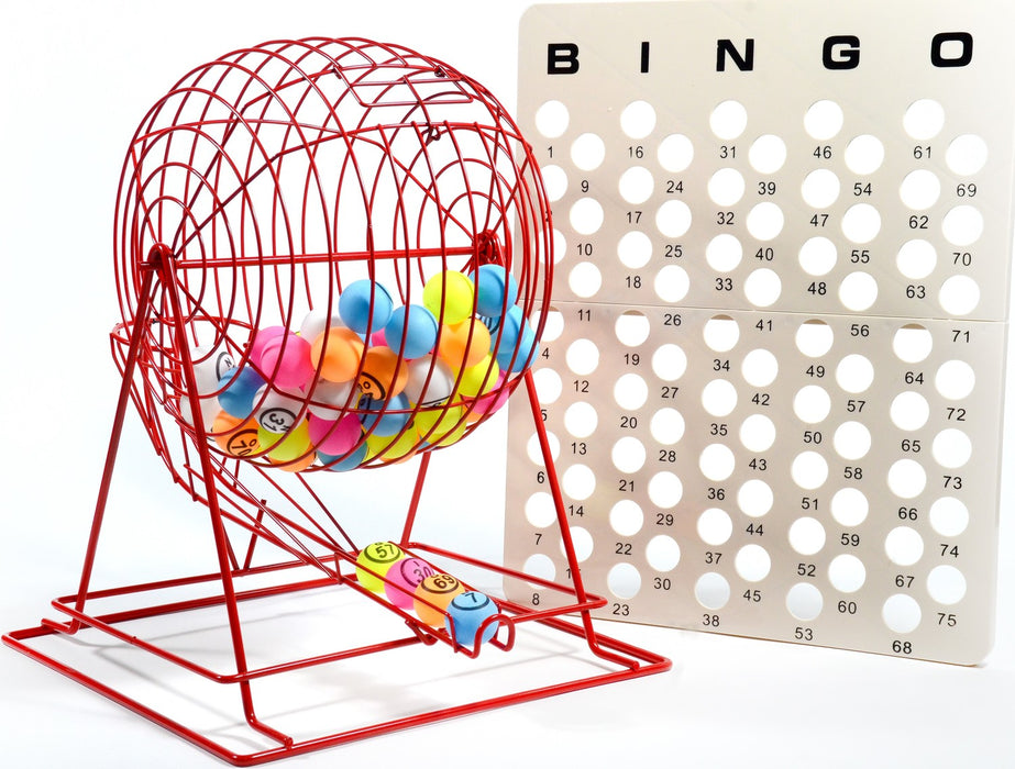 complete bingo set, jumbo red bingo cage, bingo ball holder, bingo balls, multicolor bingo balls, senior bingo set, red metal bingo calling cage