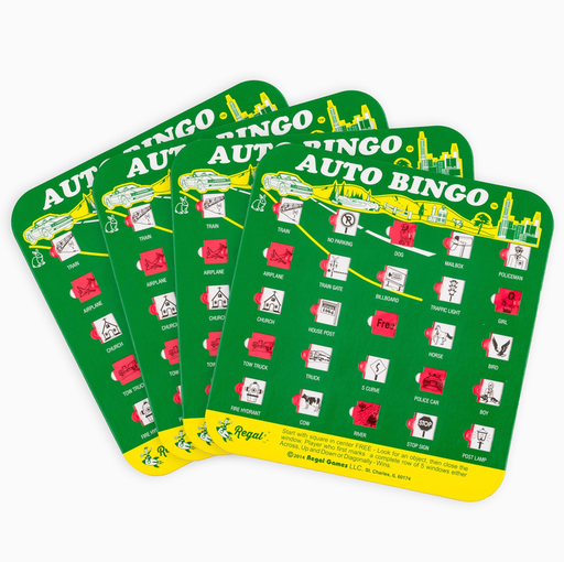 bingo card, regal games bingo cards, bingo accessory, bingo accessories, adult bingo, seniors bingo, childrens bingo, kid bingo, bingo sets, travel bingo sets, travel bingo, green bingo cards, One of the greatest classic road trip games